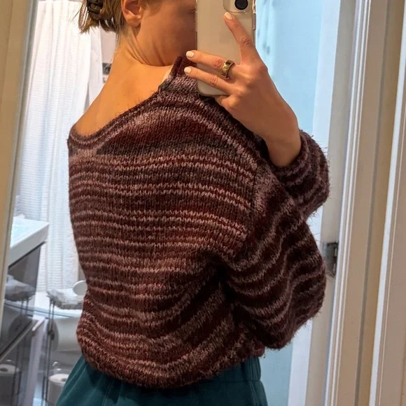 Urban Outfitters Burgundy and White Striped V-Neck Sweater - Picture 2 of 4